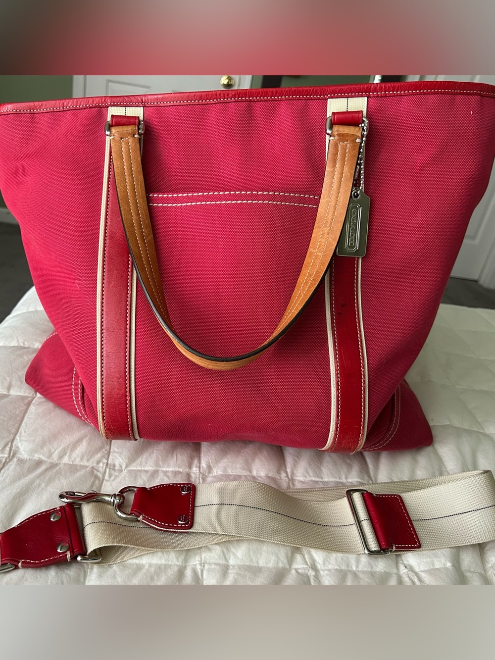 Coach Pink-Red Canvas Tote with Tan Leather Handles